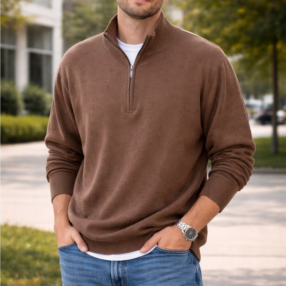 Merino Wool 1/4 Zip Sweater Men 3XL Brown Minimalist Preppy Quiet Luxury Casual